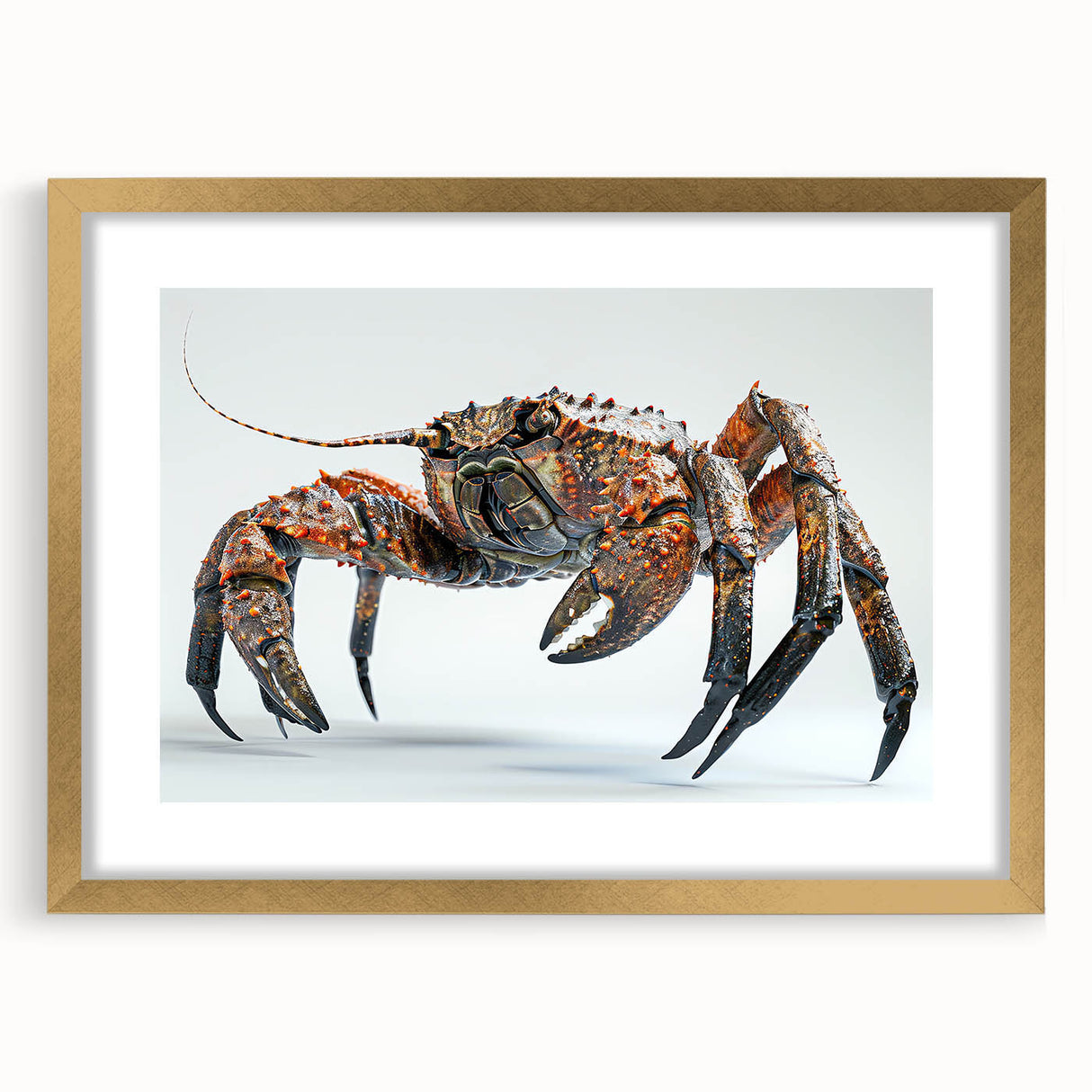 Framed wall art featuring a marine life crab design, showcasing intricate details in a gold frame with a mat, ideal for coastal-themed decor.