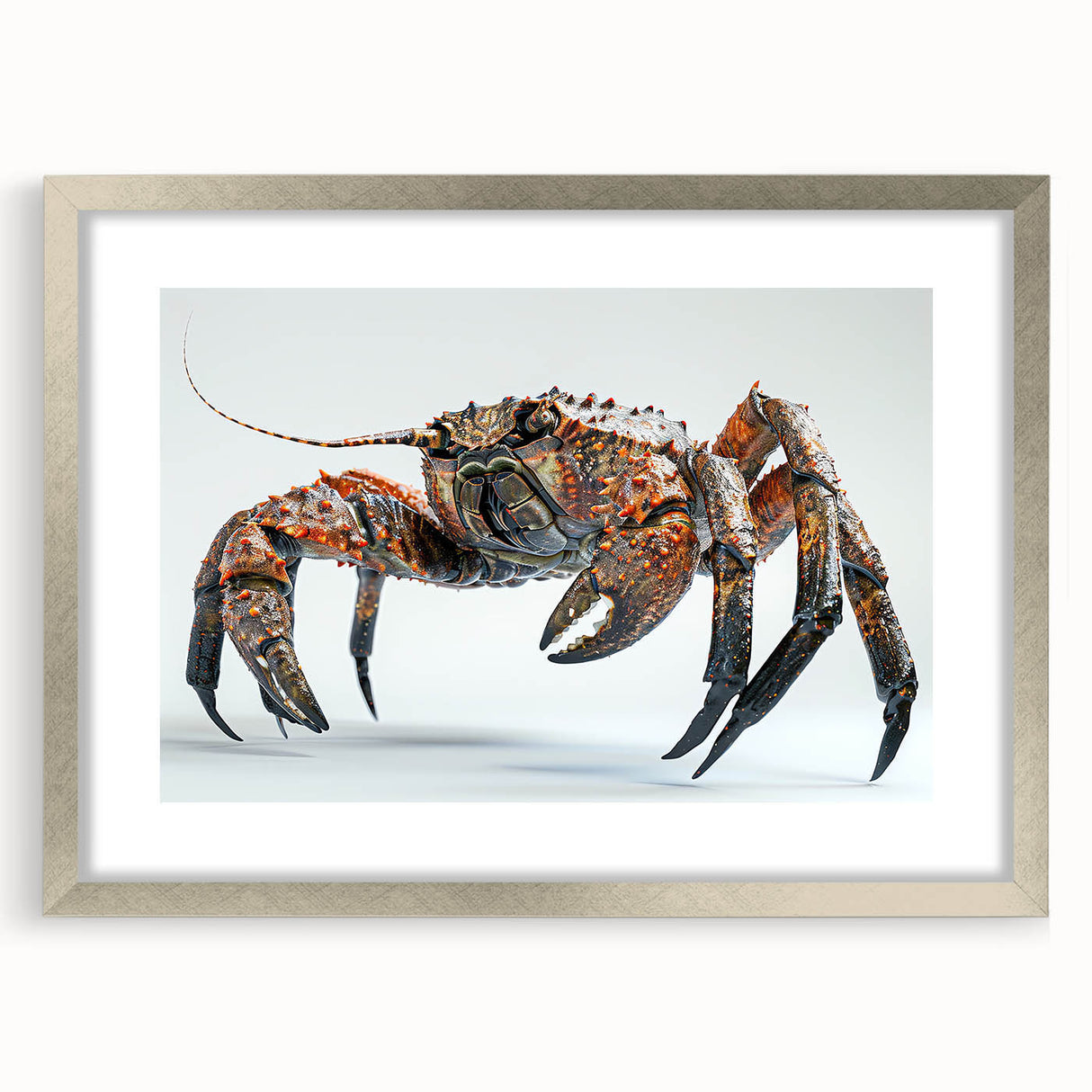 Framed wall art showcasing a marine life crab design with a silver mat, ideal for coastal-themed decor in living spaces or offices. This piece adds a touch of elegance and nature-inspired charm.