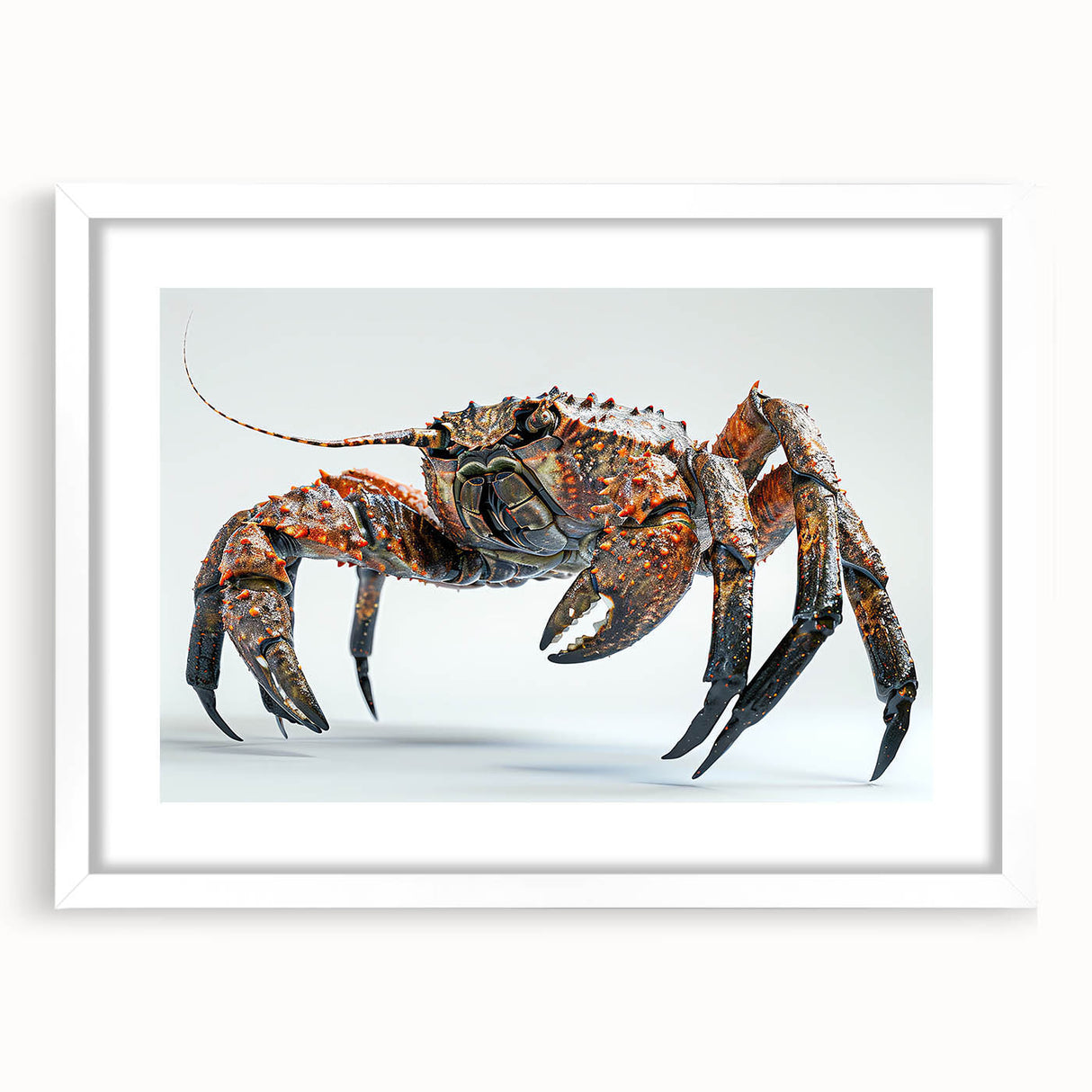 Framed wall art print showcasing a vibrant marine life crab design, featuring a white mat and sleek frame, ideal for coastal decor enthusiasts.