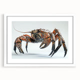 Framed wall art print showcasing a vibrant marine life crab design, featuring a white mat and sleek frame, ideal for coastal decor enthusiasts.