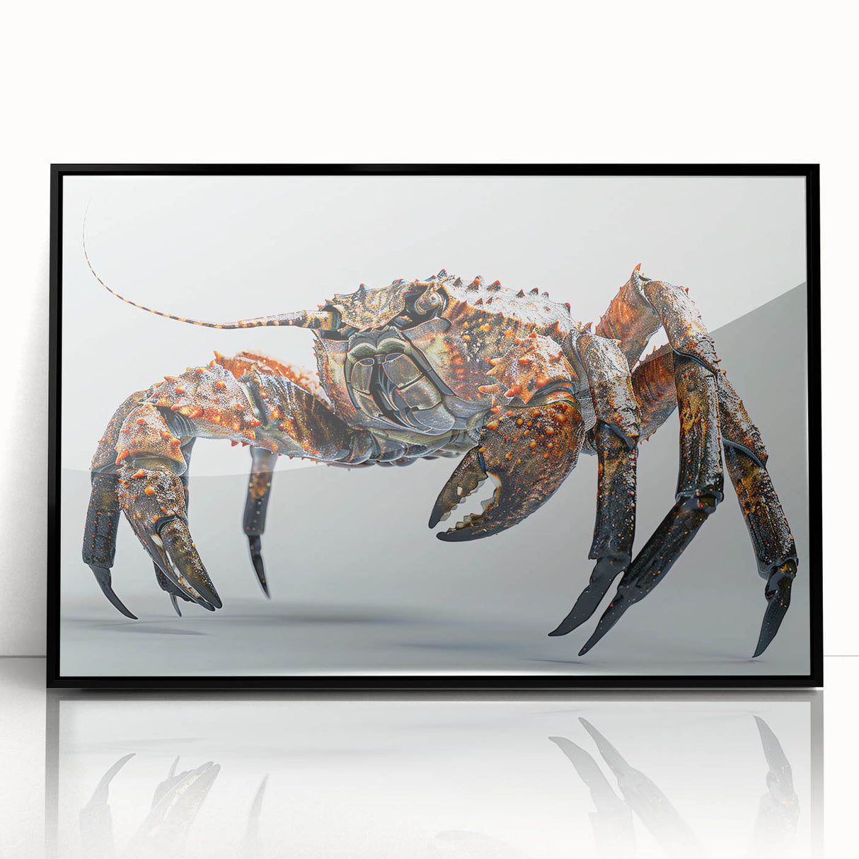 Framed acrylic wall art featuring a vibrant marine life crab design, set against a sleek black background, ideal for ocean-themed decor in modern spaces.