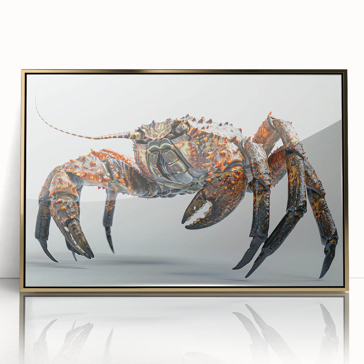 Framed wall art showcasing a vibrant crab design with intricate marine life details, set in an elegant gold frame, perfect for ocean-themed decor.