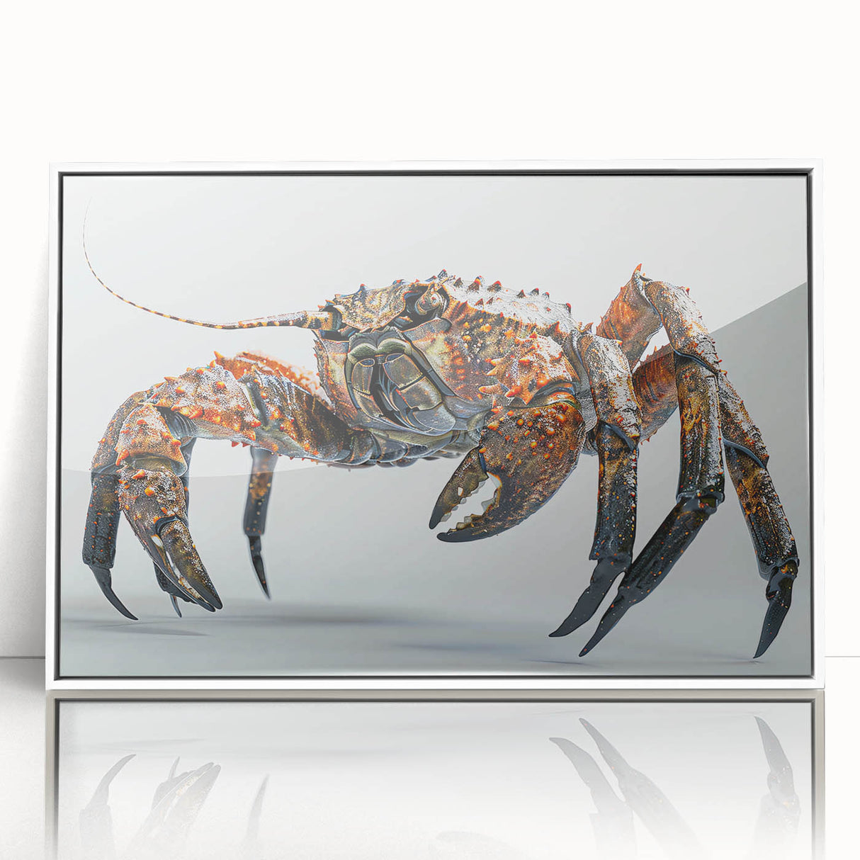 Framed acrylic wall art featuring a vibrant marine life crab design, showcasing intricate details and a contemporary white frame, perfect for coastal decor.