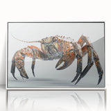 Framed acrylic wall art featuring a vibrant marine life crab design, showcasing intricate details and a contemporary white frame, perfect for coastal decor.