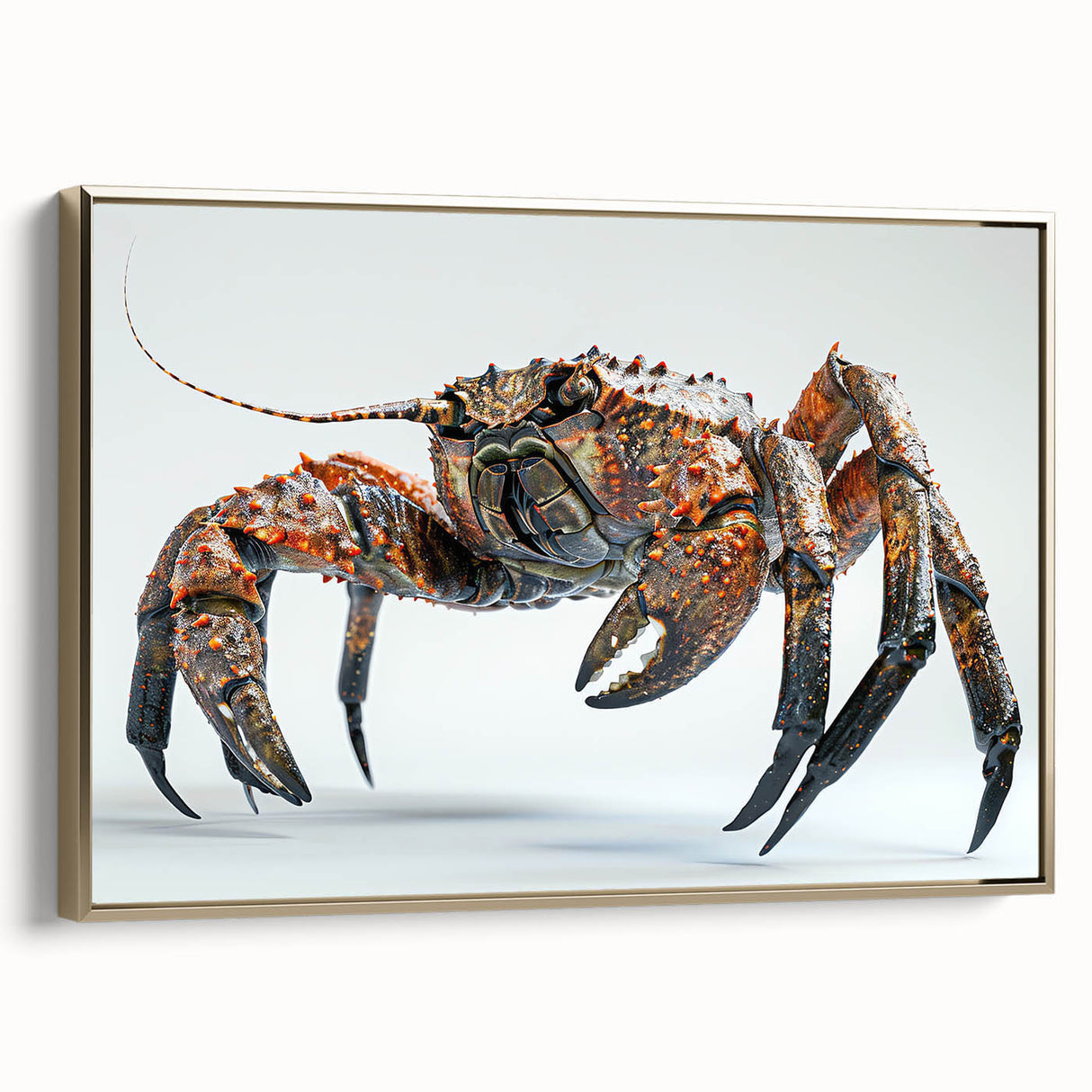 Framed wall art collection showcasing a vibrant marine life crab design on canvas, featuring a gold frame for an elegant touch. Ideal for coastal-themed decor.