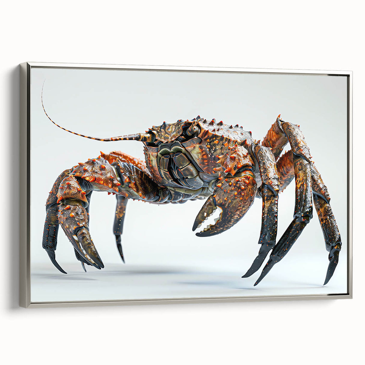 Framed canvas wall art showcasing a detailed marine life crab design in silver tones, perfect for coastal decor. Ideal for adding a touch of ocean-inspired elegance to any room.