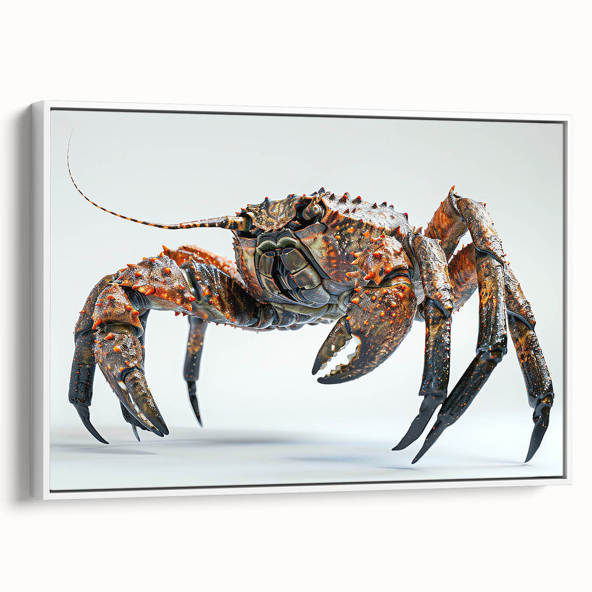 Framed wall art featuring a vibrant marine life crab design in a contemporary style, set against a white background, showcasing intricate details and colorful accents. Perfect for ocean-themed decor or as a unique gift for seafood enthusiasts.