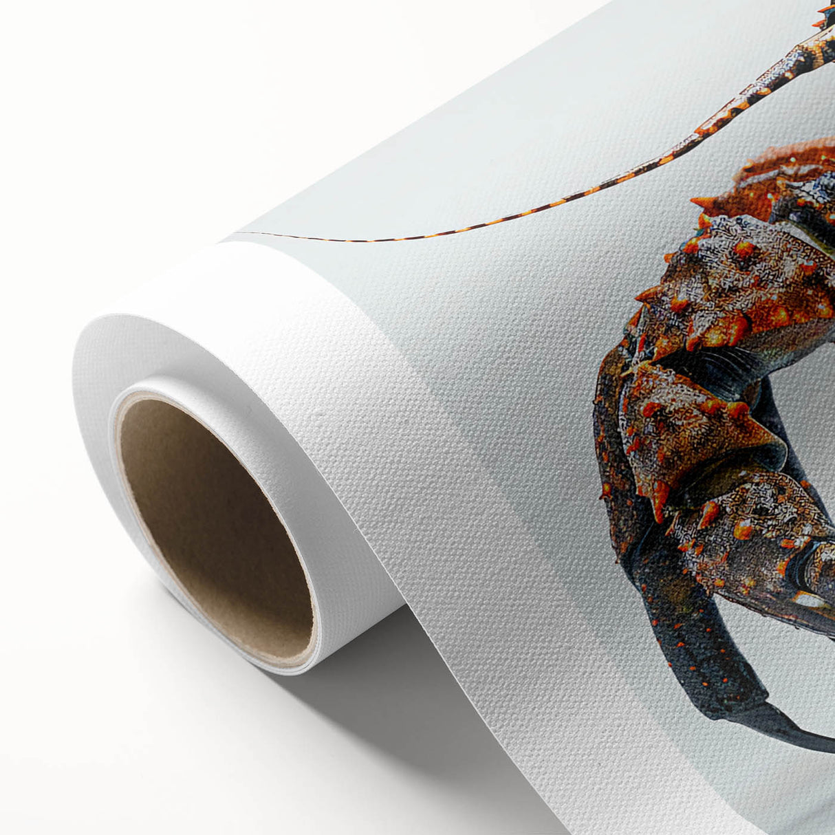 Vibrant rolled canvas wall art showcasing a colorful marine life crab design, perfect for coastal decor, featuring intricate details and textures in a protective tube.