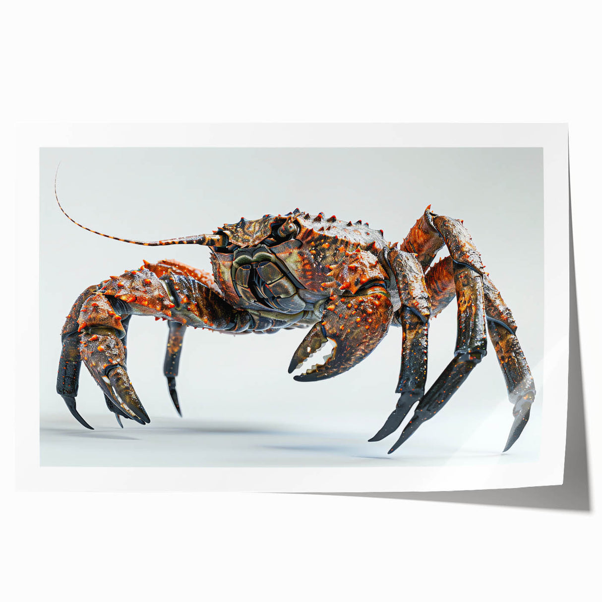 Vibrant marine life wall art featuring a detailed crab design, printed on high-quality paper, ideal for ocean-themed decor and coastal aesthetics. Perfect for enhancing living spaces or beach houses.