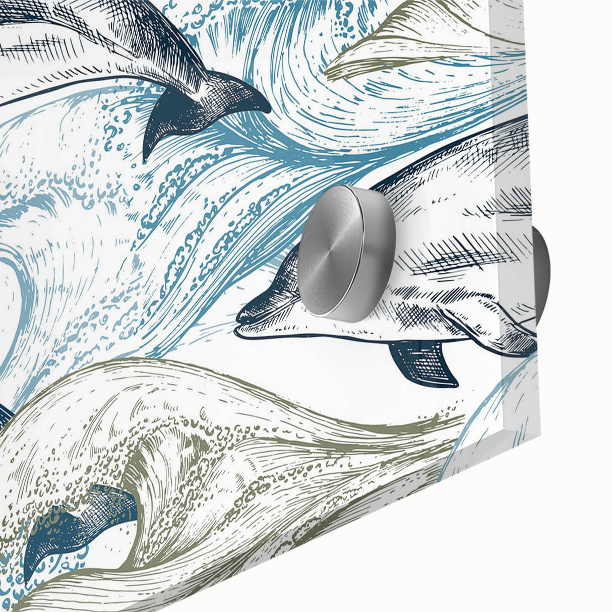 Close-up of a vibrant dolphin design wall art piece, featuring marine life in vivid colors on acrylic glass, ideal for ocean-themed decor.