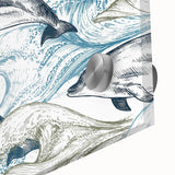 Close-up of a vibrant dolphin design wall art piece, featuring marine life in vivid colors on acrylic glass, ideal for ocean-themed decor.