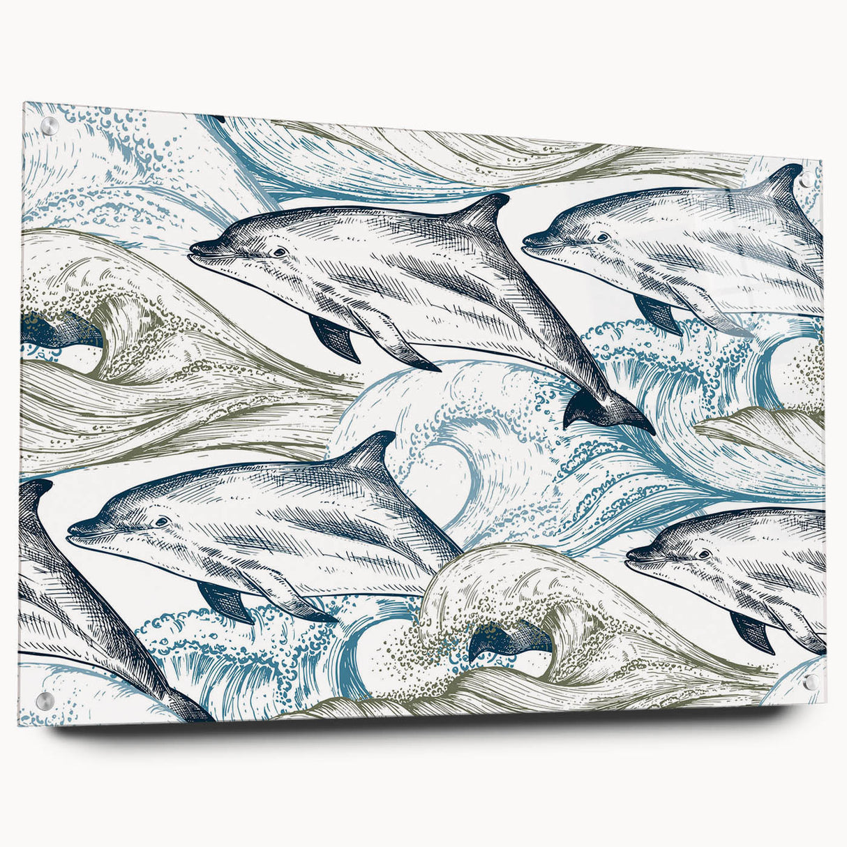 Acrylic wall art showcasing a vibrant dolphin design, featuring a side view with decorative pins, perfect for marine life enthusiasts and coastal decor.