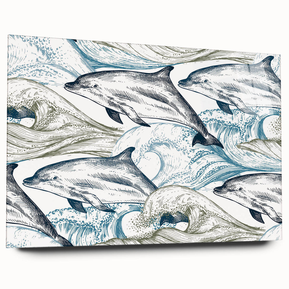 Acrylic wall art featuring a vibrant dolphin design, showcasing marine life in vivid colors, viewed from the side without pins, perfect for ocean-themed decor.