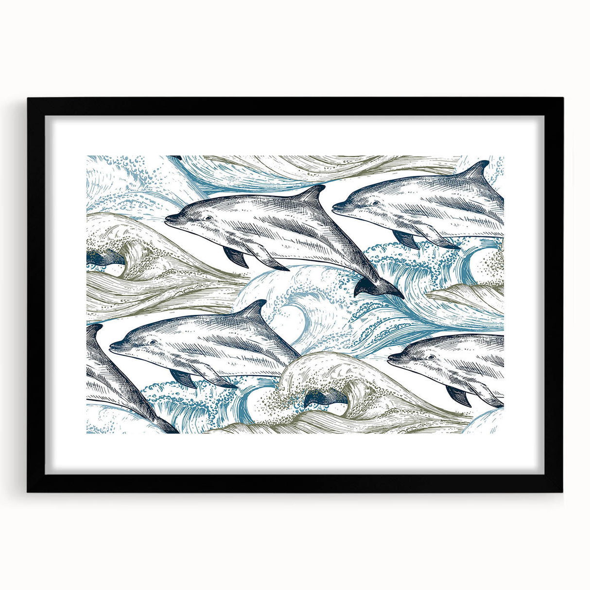 Framed black wall art featuring a vibrant dolphin design, showcasing marine life in rich colors, ideal for ocean-themed decor and enhancing living spaces.