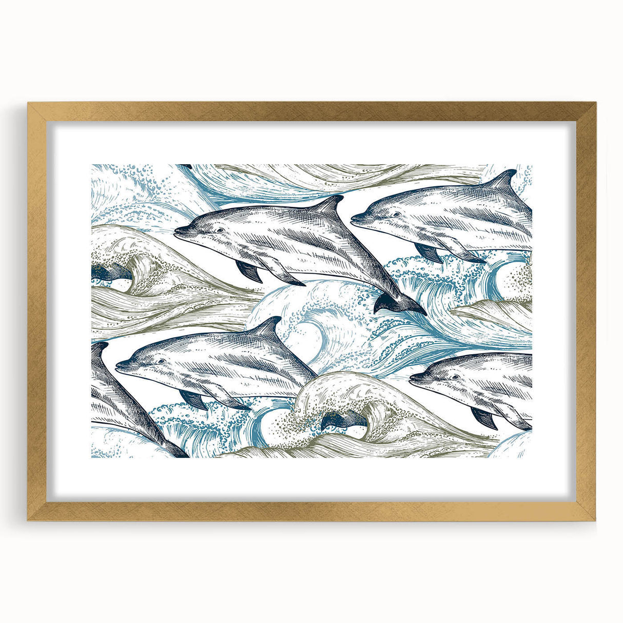 Framed wall art featuring a vibrant dolphin design set against a tranquil marine backdrop, accented with a gold frame, ideal for ocean-themed decor.