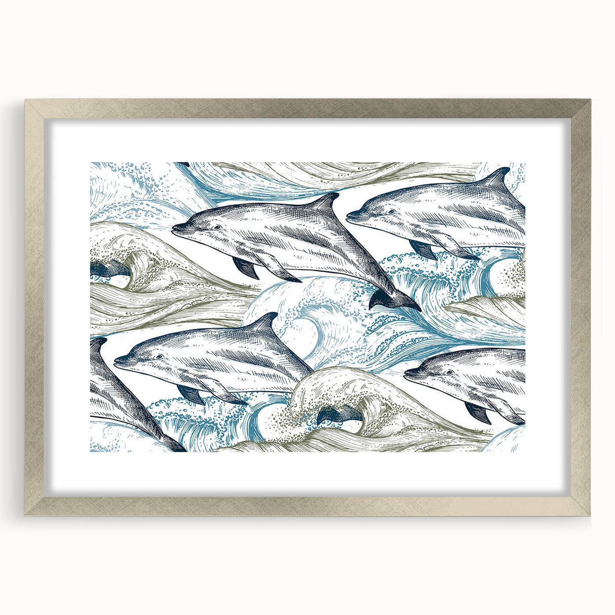 Framed wall art showcasing a marine life dolphin design with a silver frame and mat, perfect for ocean-themed decor in living spaces.