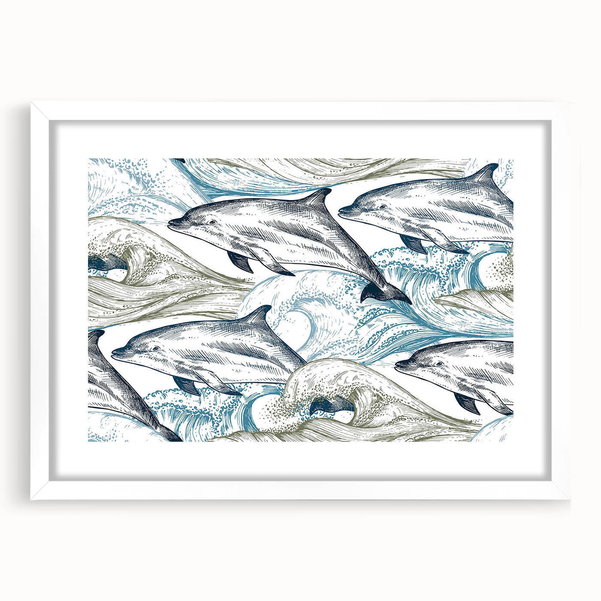 Framed wall art featuring a stunning dolphin design surrounded by marine life, presented in a sleek white frame with a mat, perfect for ocean-themed decor.