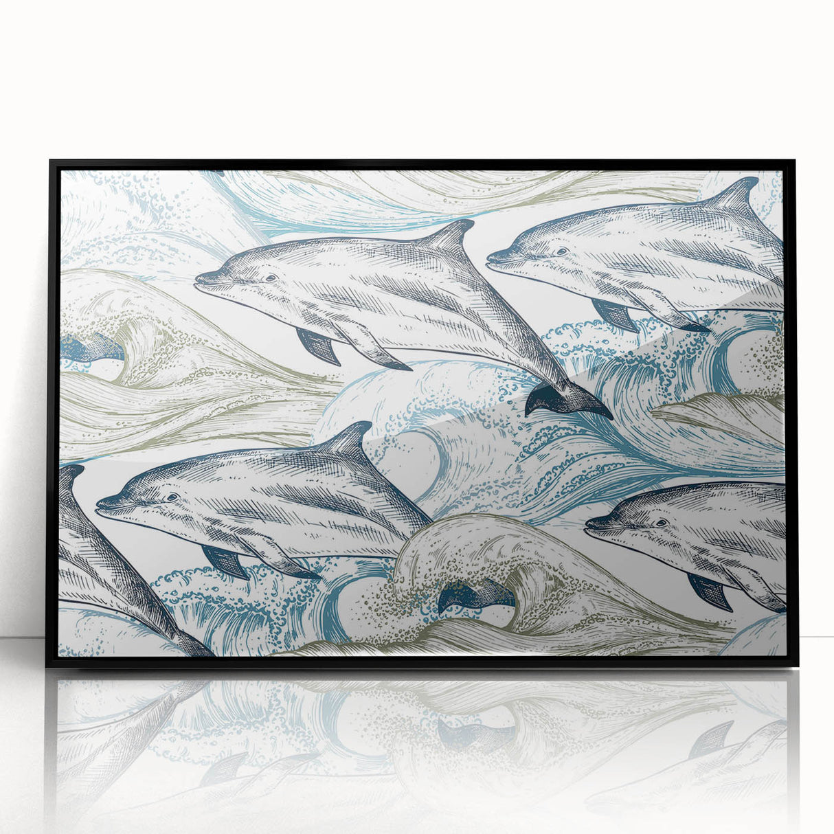 Framed acrylic wall art featuring a stunning dolphin design in vibrant colors, showcasing marine life with a sleek black frame, perfect for ocean-themed decor.