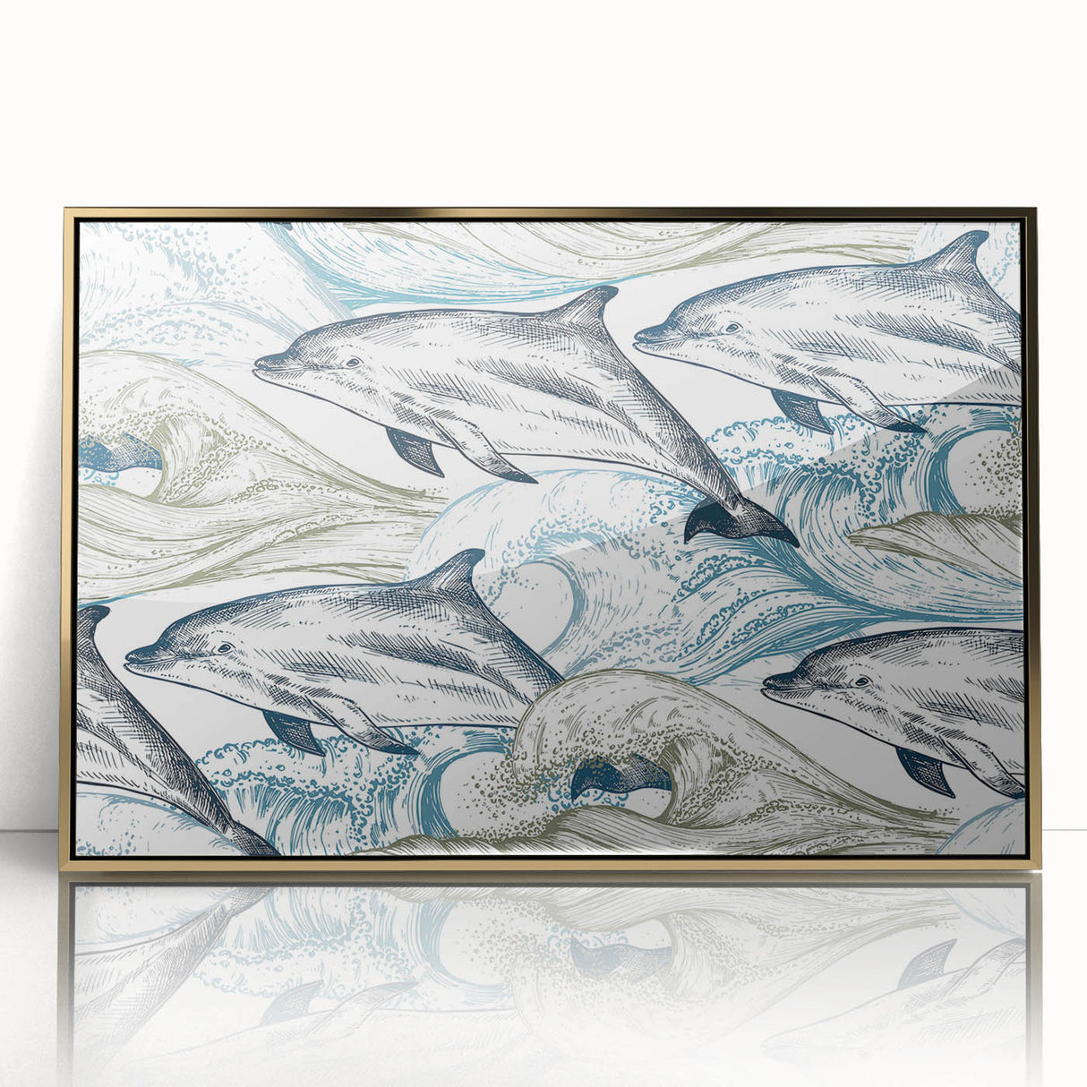 Framed wall art featuring a vibrant dolphin design, set against a gold background, showcasing marine life with intricate details and stylish decor appeal.
