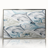 Framed acrylic wall art featuring a sleek dolphin design in silver tones, showcasing marine life aesthetics. Ideal for enhancing coastal-themed decor.