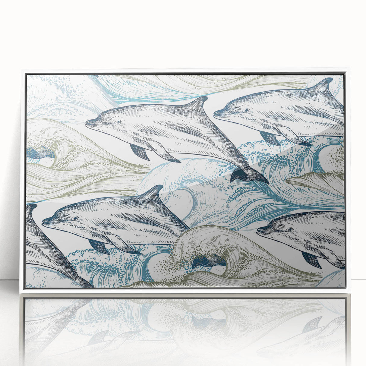 Framed acrylic wall art featuring a vibrant dolphin design, showcasing marine life in vivid colors. Ideal for ocean-themed decor, enhancing any living space.
