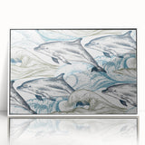 Framed acrylic wall art featuring a vibrant dolphin design, showcasing marine life in vivid colors. Ideal for ocean-themed decor, enhancing any living space.