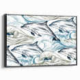 Framed wall art featuring a vibrant dolphin design on canvas, showcasing marine life in shades of blue and green, with a sleek black frame enhancing its contemporary appeal. Ideal for ocean-themed decor.
