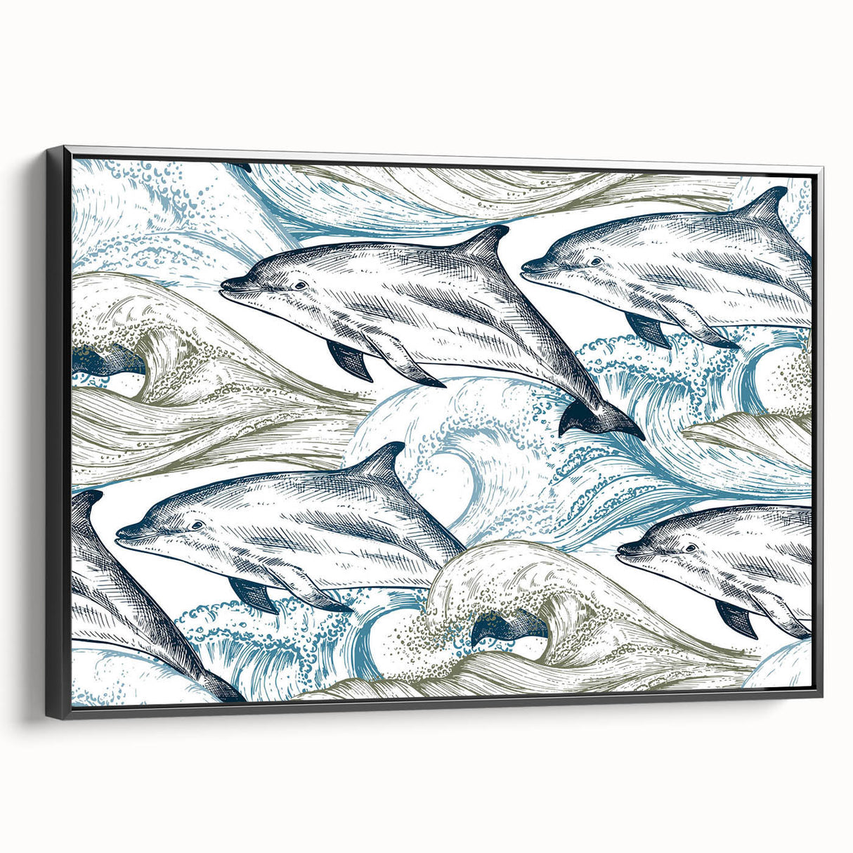 Framed wall art featuring a vibrant dolphin design on canvas, showcasing marine life in shades of blue and green, with a sleek black frame enhancing its contemporary appeal. Ideal for ocean-themed decor.