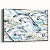 Framed wall art featuring a vibrant dolphin design on canvas, showcasing marine life in shades of blue and green, with a sleek black frame enhancing its contemporary appeal. Ideal for ocean-themed decor.