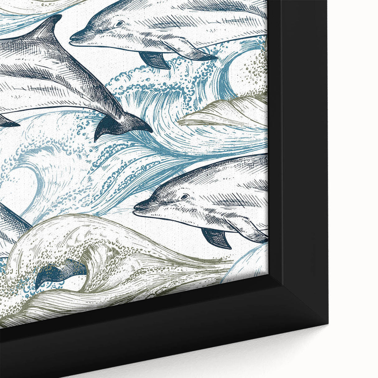 Close-up of a framed canvas wall art piece depicting a vibrant dolphin design surrounded by marine life elements, showcasing rich colors and intricate details.