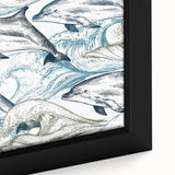 Close-up of a framed canvas wall art piece depicting a vibrant dolphin design surrounded by marine life elements, showcasing rich colors and intricate details.