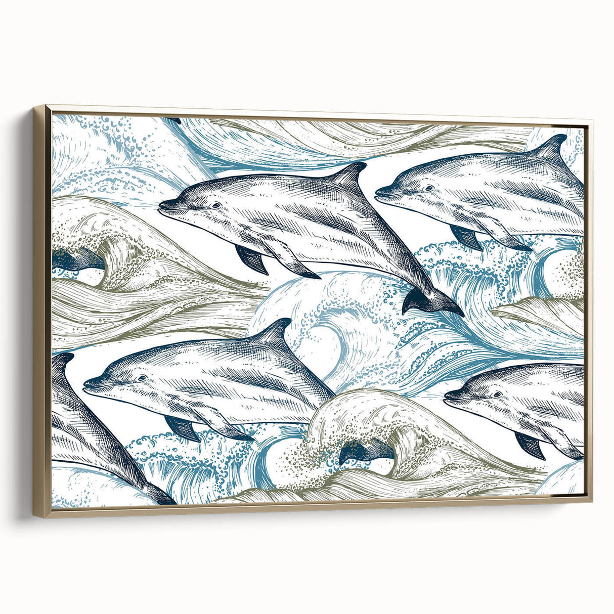 Framed canvas wall art featuring a vibrant dolphin design, set against a gold background, perfect for marine life decor. Ideal for ocean-themed interiors.