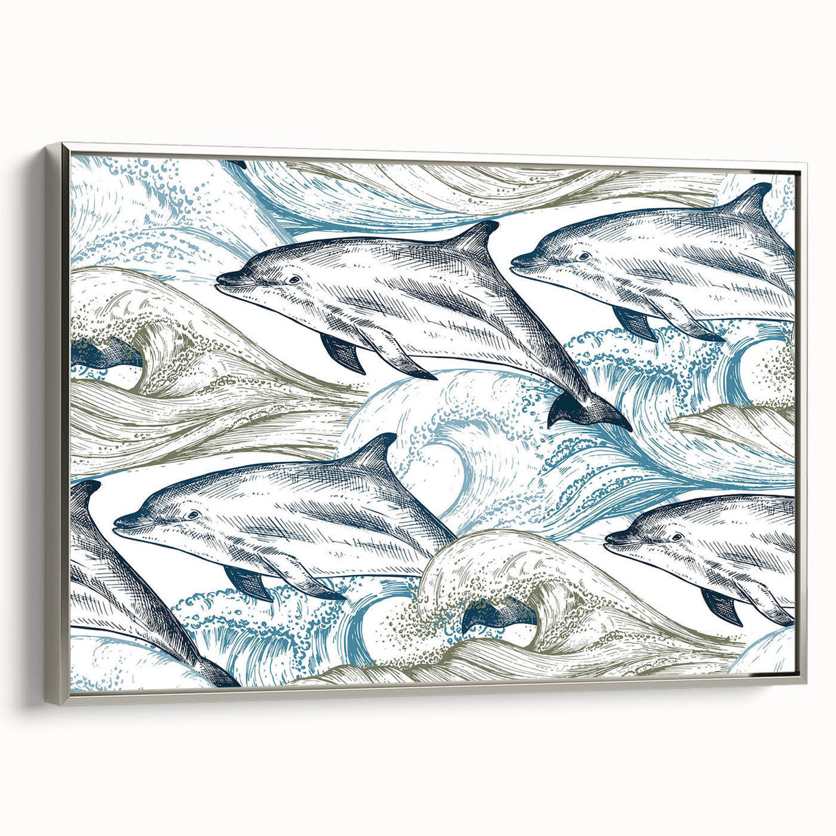Framed wall art featuring a silver dolphin design on canvas, showcasing detailed marine life in a vibrant ocean setting, perfect for home decor enthusiasts.