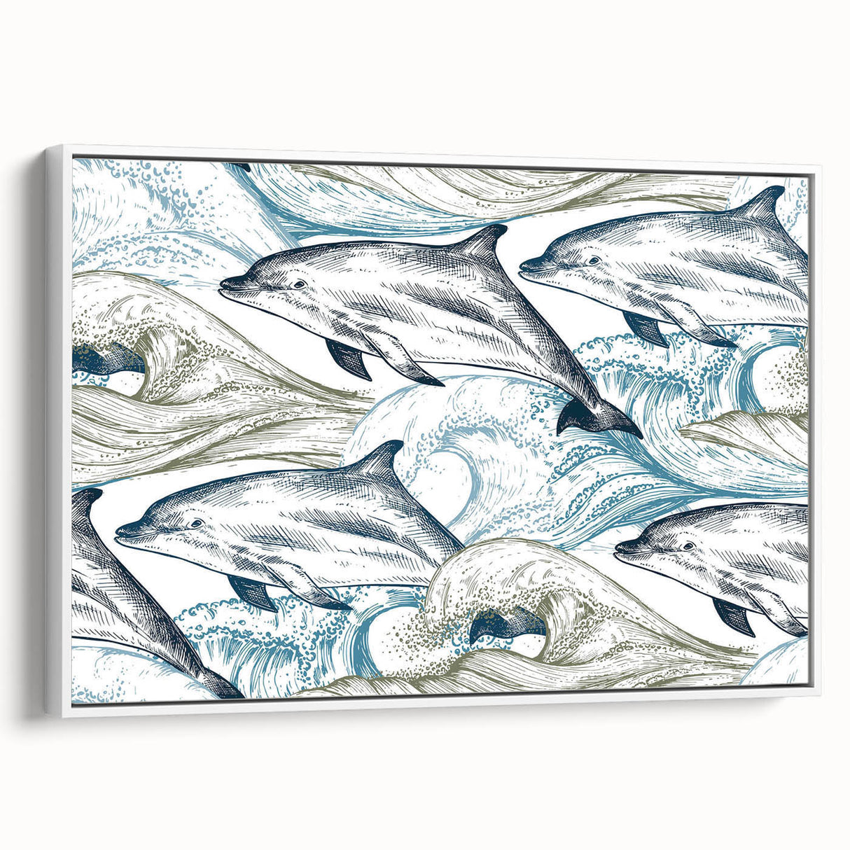 Framed wall art featuring a vibrant dolphin design on textured canvas, displayed against a white background, perfect for marine life enthusiasts and home decor.