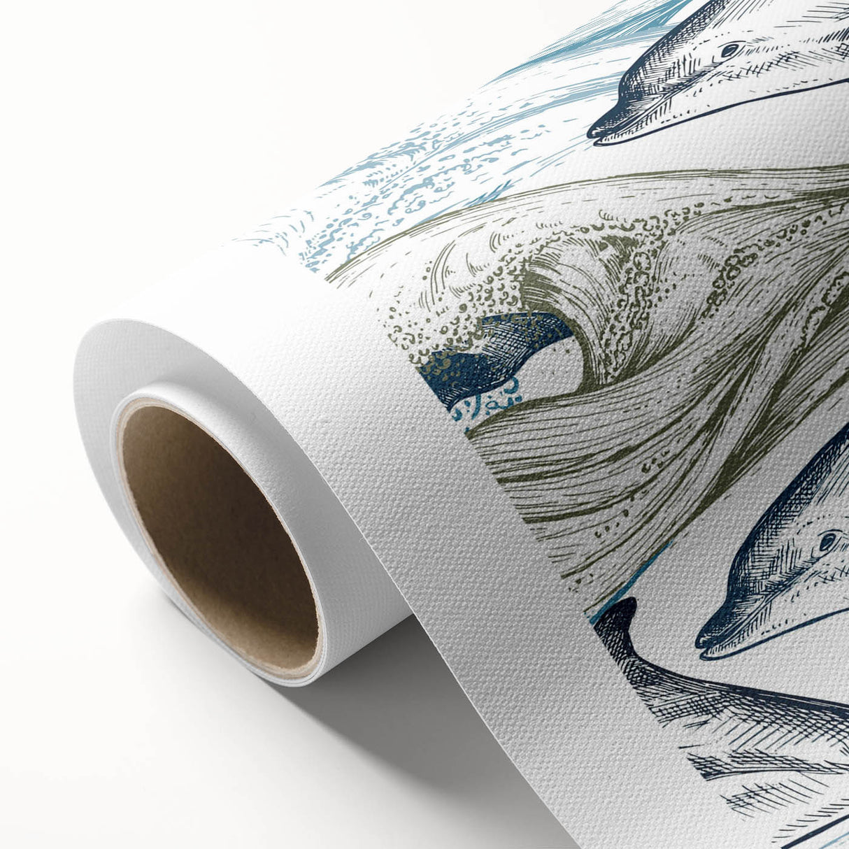 Vibrant rolled canvas featuring a dolphin design, showcasing marine life with colorful ocean hues, ideal for coastal-themed decor. Perfect for enhancing any room's ambiance.