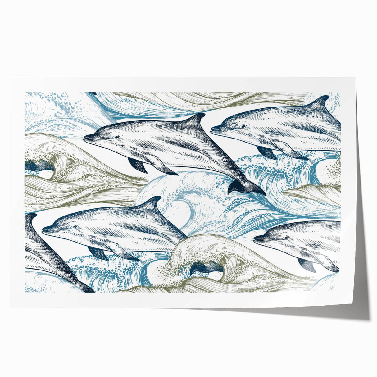 Colorful wall art print showcasing a playful dolphin surrounded by marine life, perfect for ocean-themed decor. Ideal for coastal-inspired interiors and art lovers.