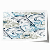 Colorful wall art print showcasing a playful dolphin surrounded by marine life, perfect for ocean-themed decor. Ideal for coastal-inspired interiors and art lovers.