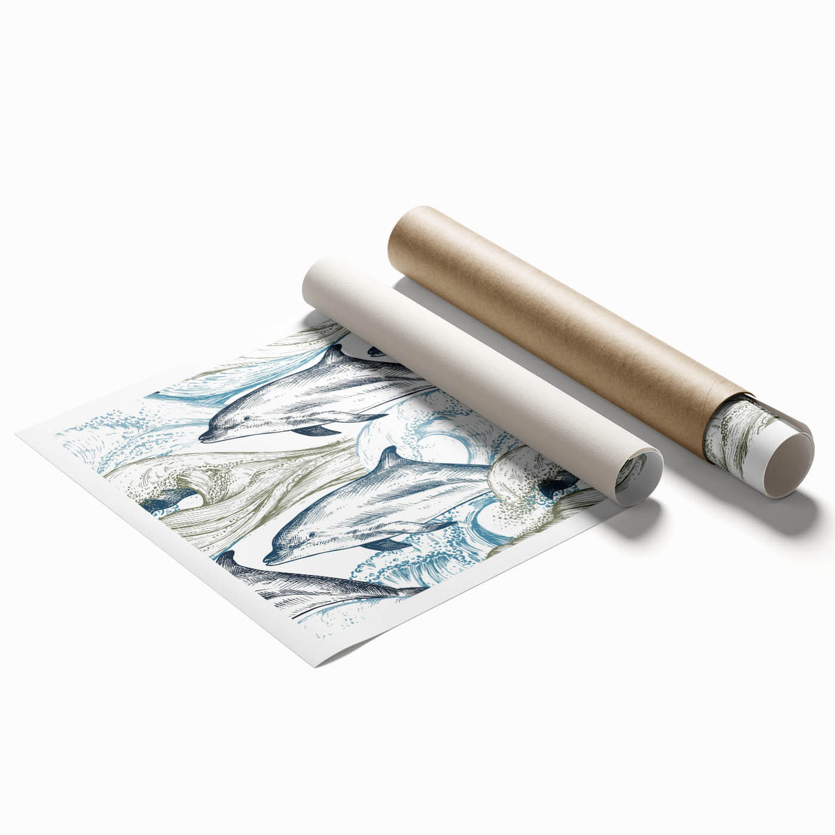 Colorful dolphin-themed wall art print showcasing vibrant marine life design, perfect for ocean lovers, presented rolled for easy framing and display.