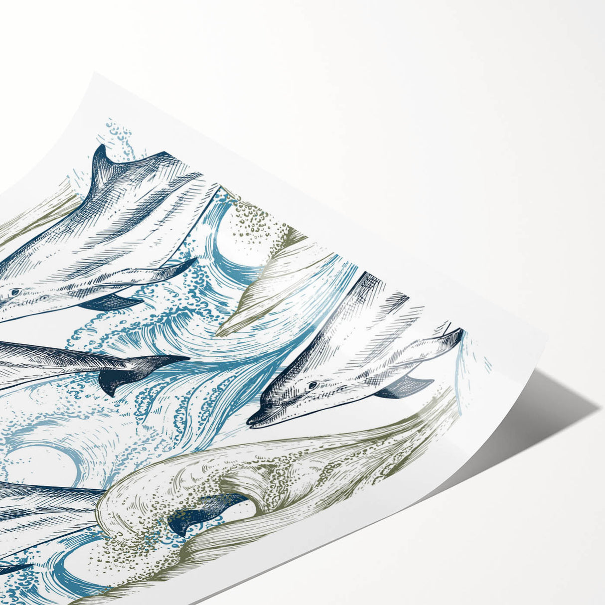 Vibrant dolphin wall art print showcasing marine life in vivid blue and green hues, rolled for easy display and perfect for ocean-themed decor.