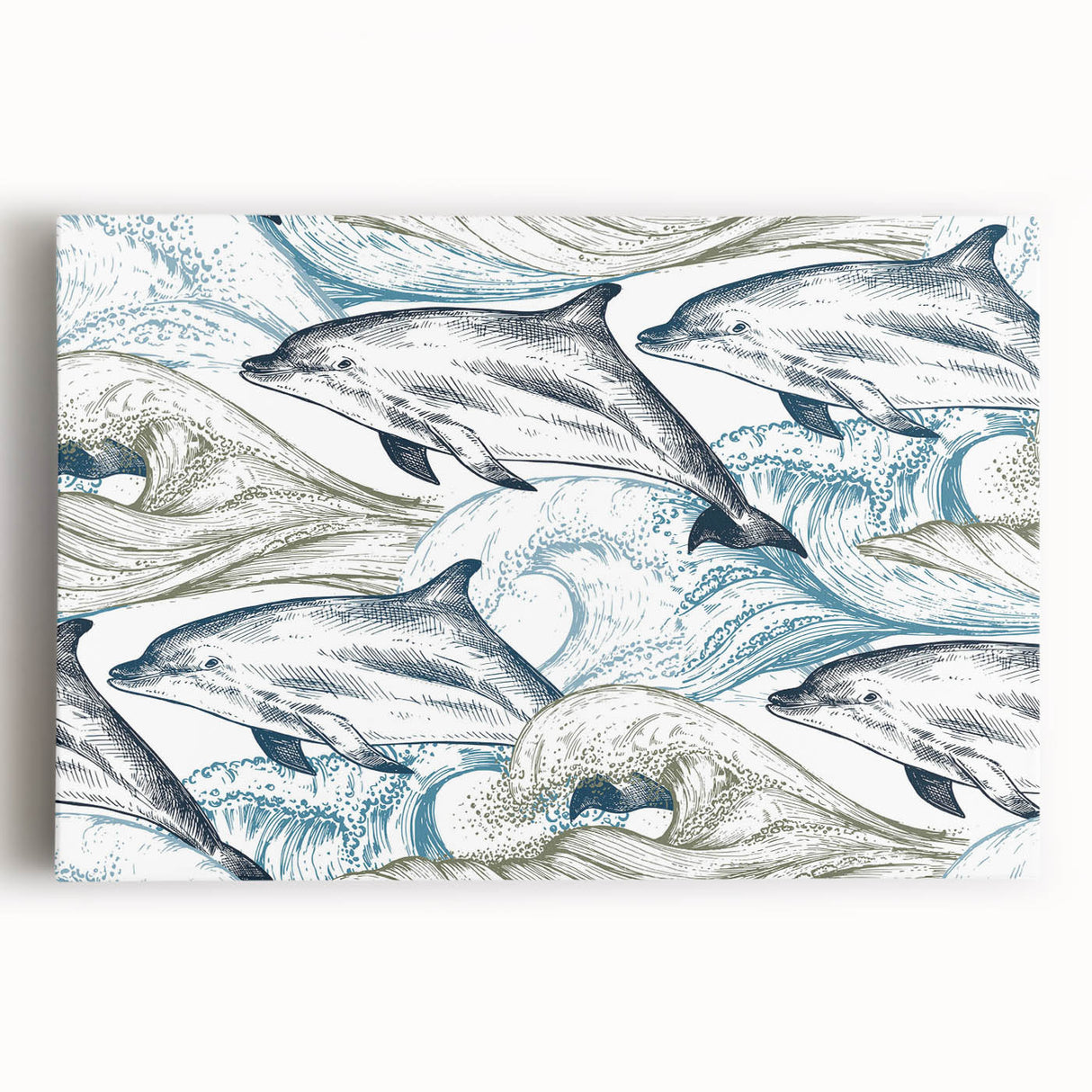 Stretched canvas wall art showcasing a vibrant dolphin design in deep blue and turquoise hues, perfect for marine life enthusiasts and coastal decor.