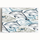 Stretched canvas wall art showcasing a vibrant dolphin design in deep blue and turquoise hues, perfect for marine life enthusiasts and coastal decor.