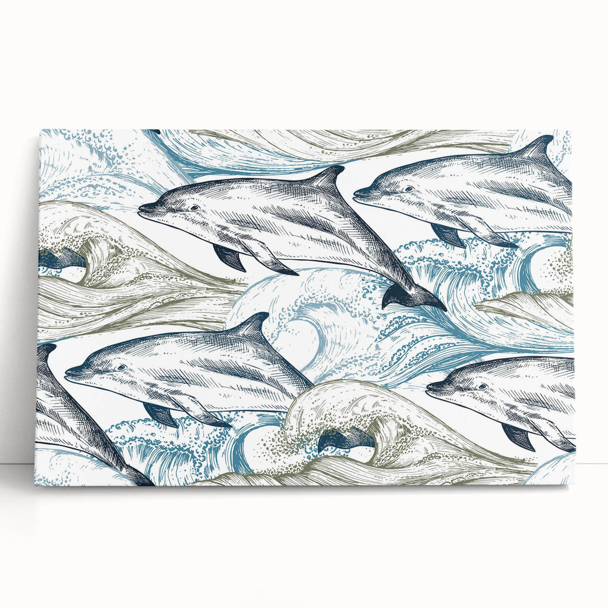 Dolphin-themed wall art on stretched canvas, showcasing vibrant marine life colors and intricate detailing, ideal for ocean lovers' home decor.