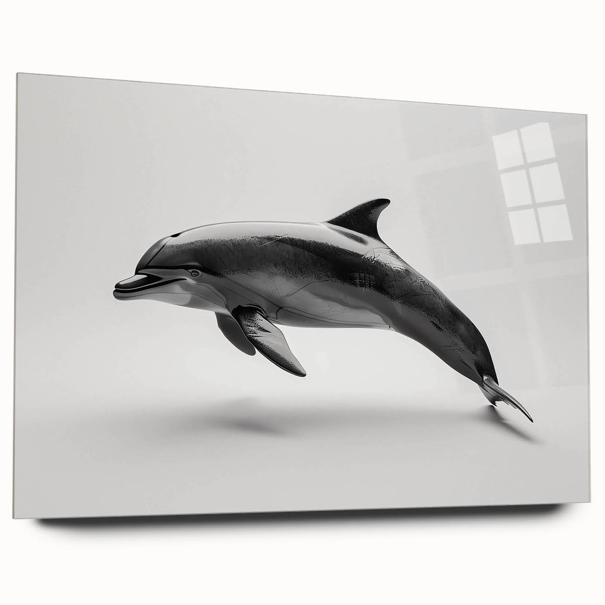 Acrylic glass wall art collection showcasing a vibrant dolphin design, viewed from the side, emphasizing colorful marine life details against a sleek background. Perfect for ocean-themed decor enthusiasts.