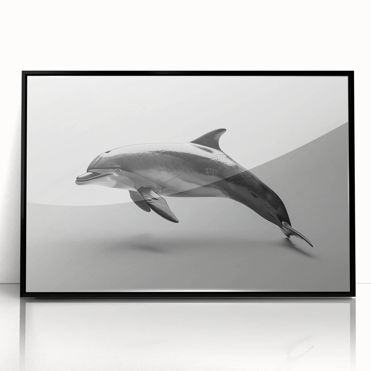Framed wall art showcasing a vibrant dolphin design in an acrylic finish, featuring a sleek black frame, perfect for marine life enthusiasts and home décor.