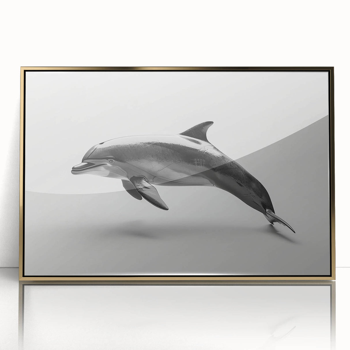 Framed wall art showcasing a vibrant dolphin design in marine life theme, featuring a gold-accented acrylic front, perfect for ocean-inspired decor.