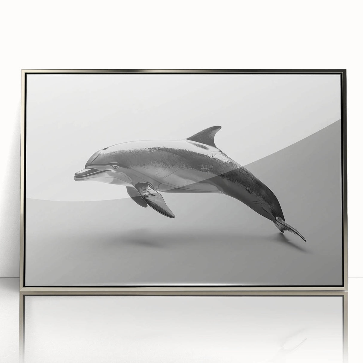 Framed acrylic wall art showcasing a vibrant dolphin design, featuring silver accents and a contemporary aesthetic, perfect for marine-themed decor.