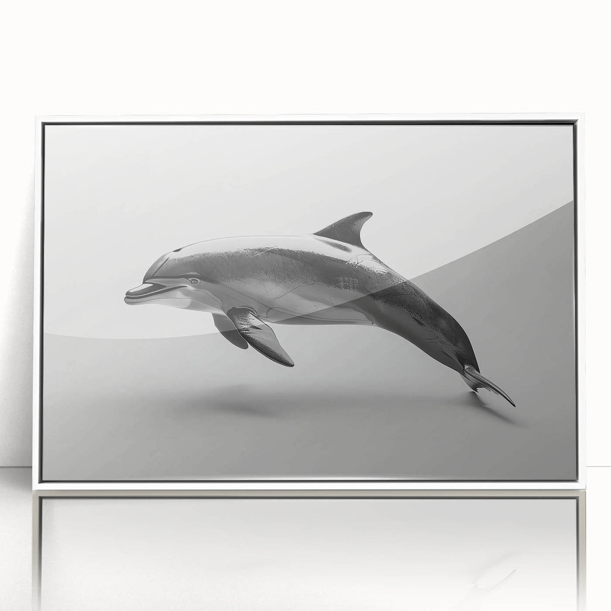 Framed wall art featuring a vibrant dolphin design, showcasing intricate marine life details in bright colors, presented with a sleek white frame for a modern decor touch.