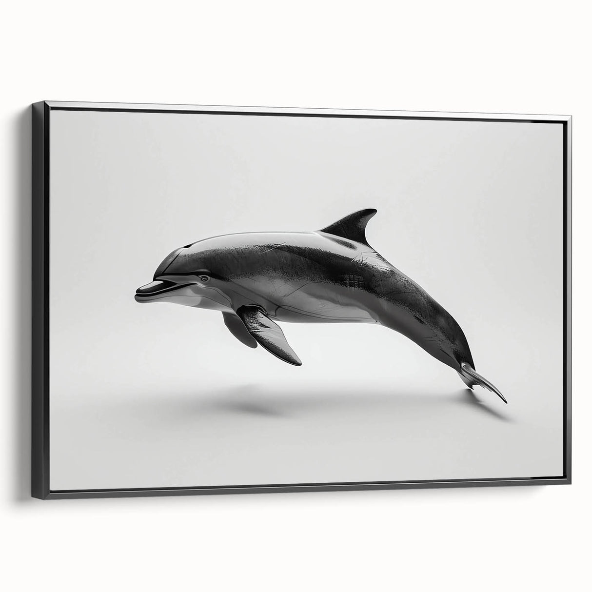 Framed canvas wall art featuring a detailed dolphin design in a marine life theme, with a sleek black frame, perfect for ocean-themed decor.