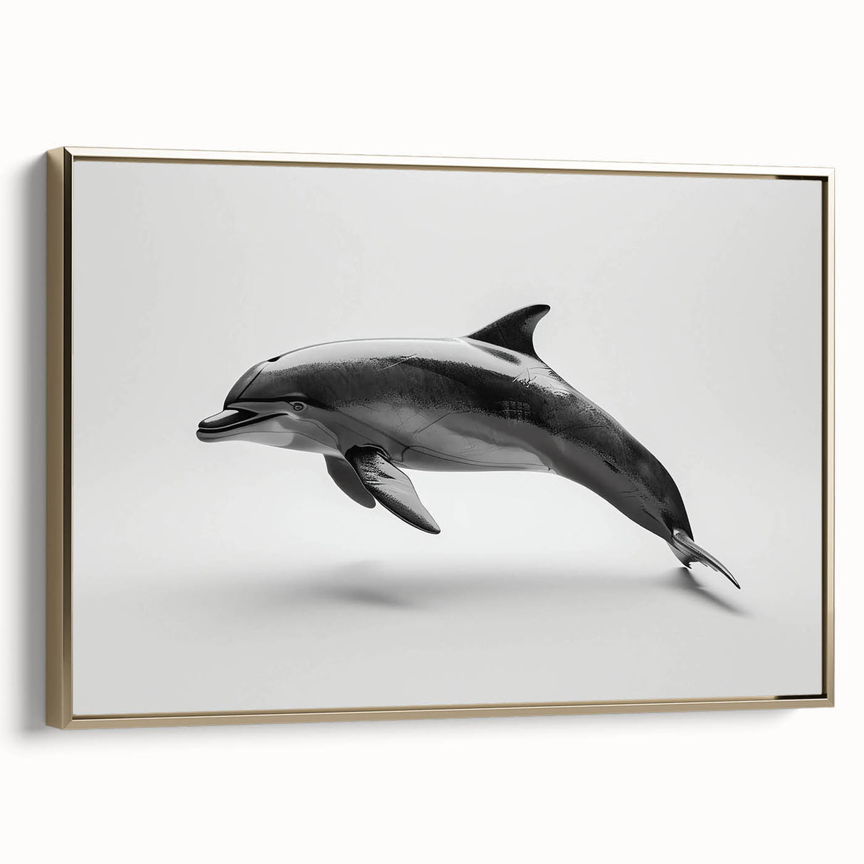 Framed canvas wall art featuring a vibrant dolphin design in a marine life theme, with a gold frame, perfect for ocean enthusiasts and home decor.