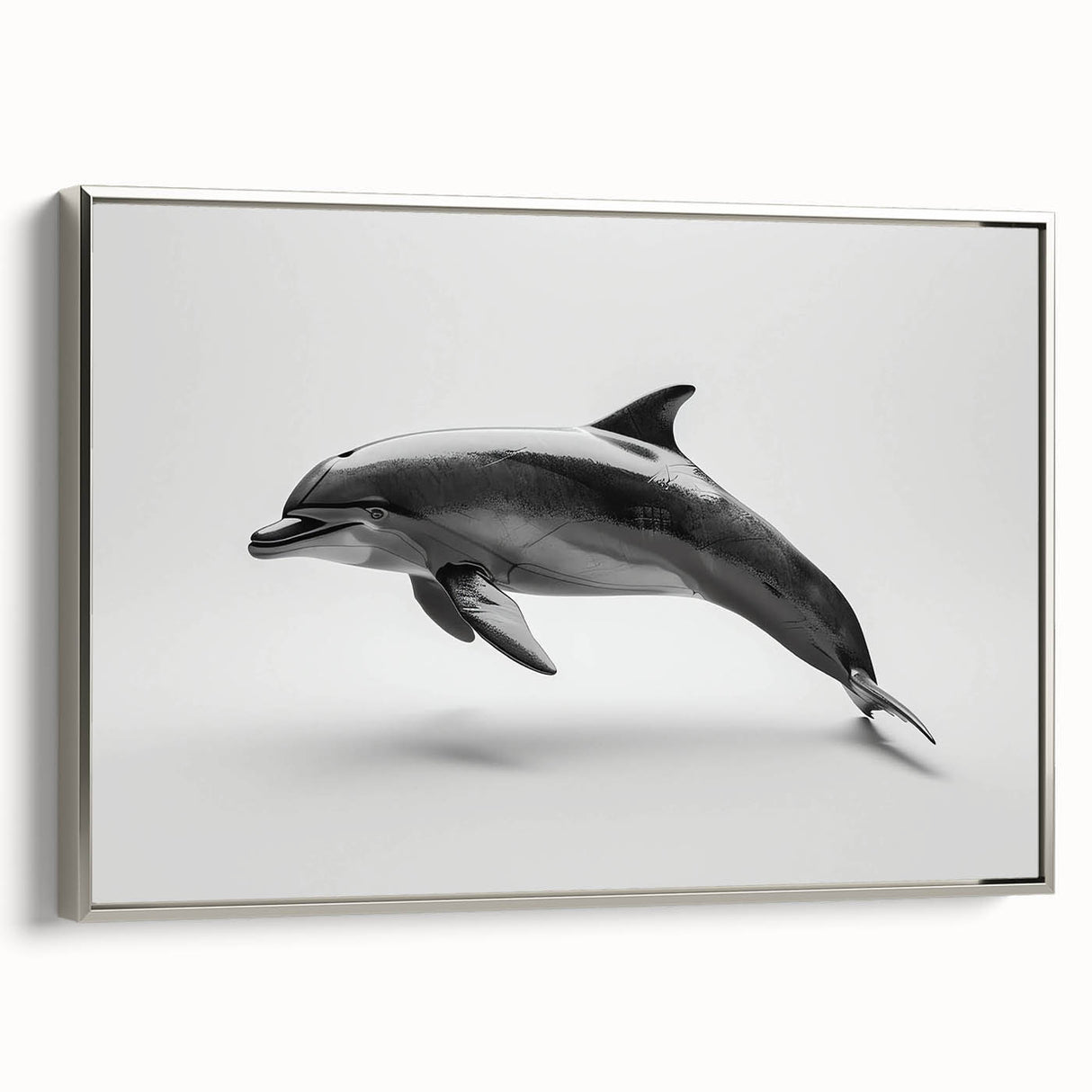 Framed wall art canvas featuring a sleek silver dolphin design, showcasing intricate marine life details and a modern aesthetic, perfect for coastal decor.